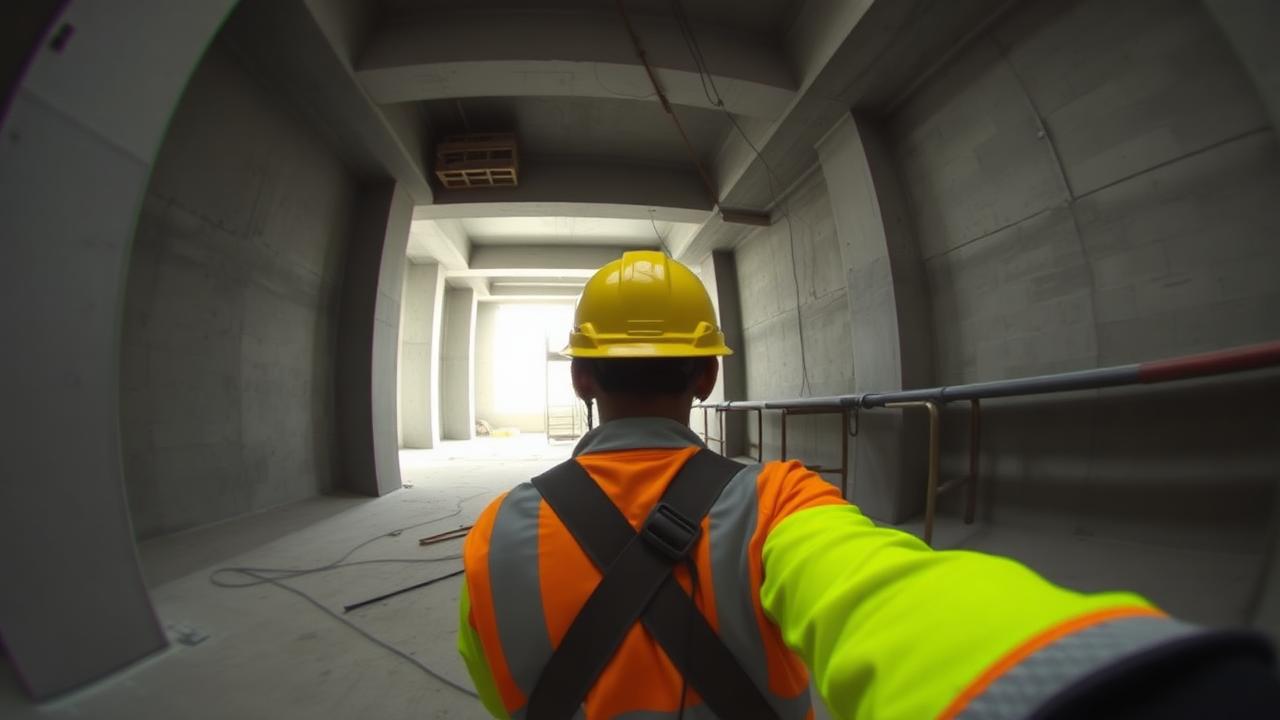First-person helmet camera view of the Al Noor Residences floor slab under inspection